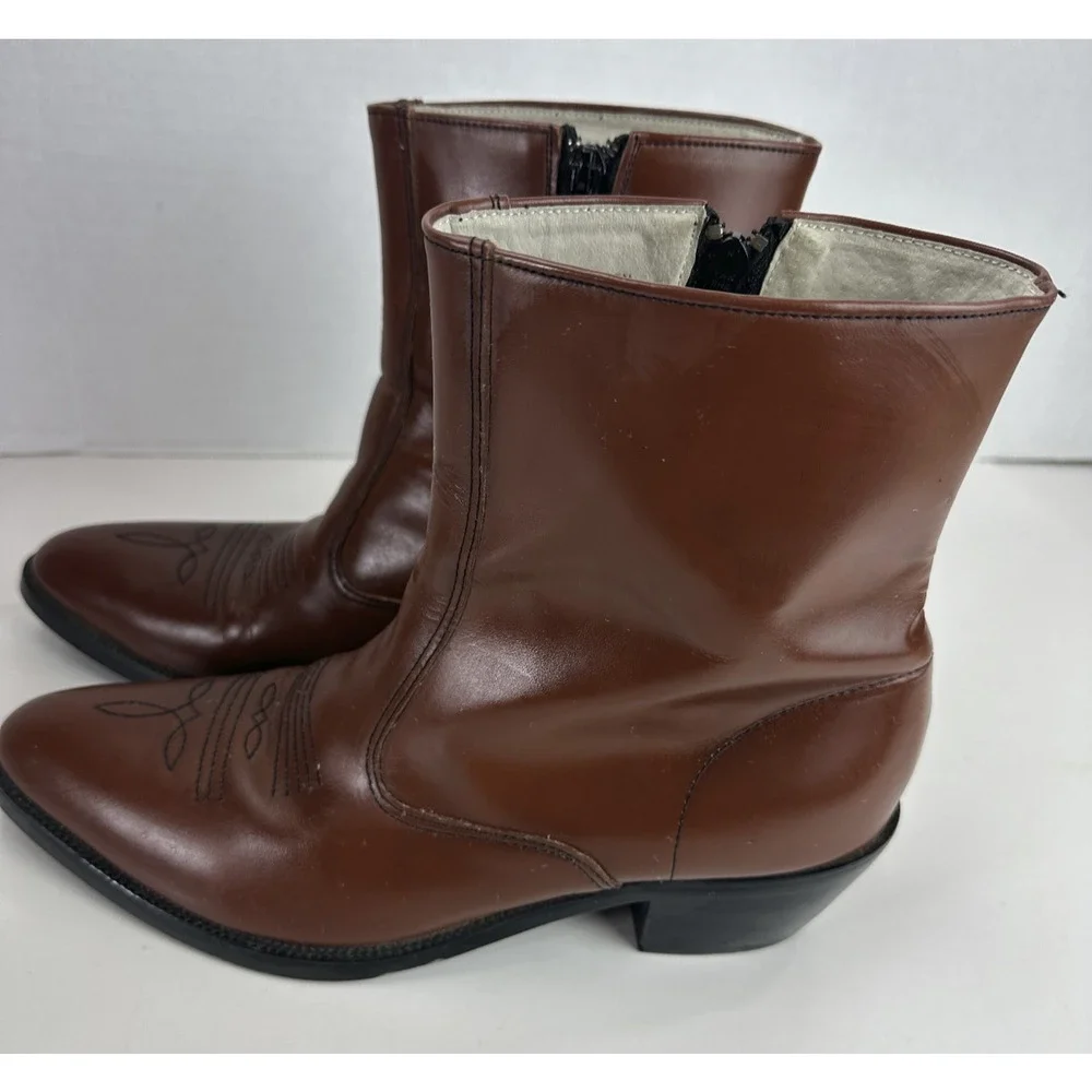 *Flaw Long Haul Mens Leather Cowboy Boots Sz 10M Western Zip Ankle Riding Brown - Picture 8 of 16